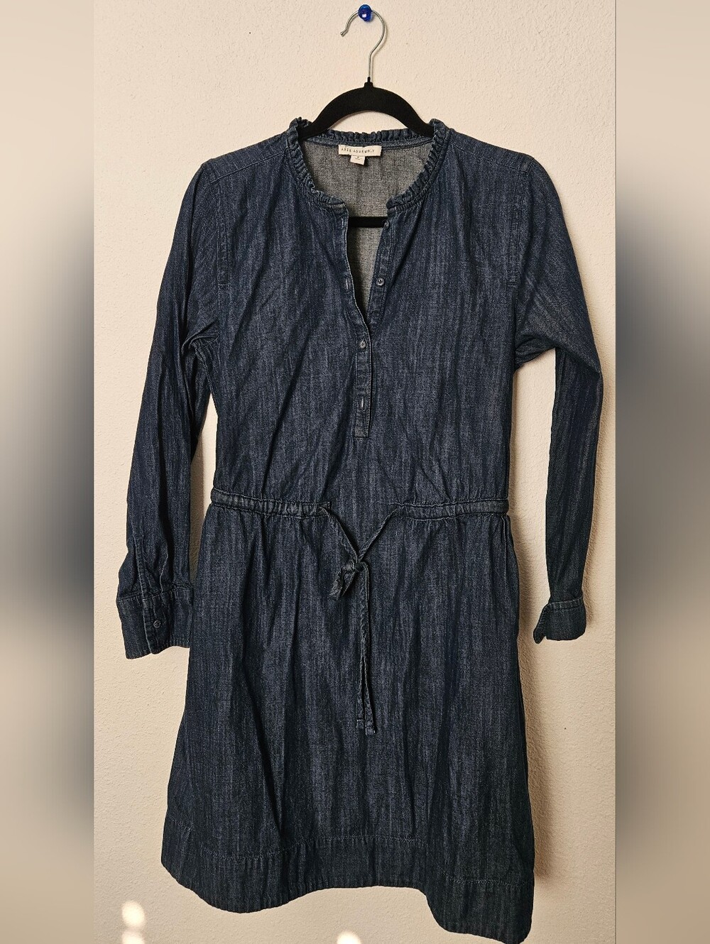 Free Assembly- Dark Denim Shirt Dress With Ealastic Waist And Functional Tie